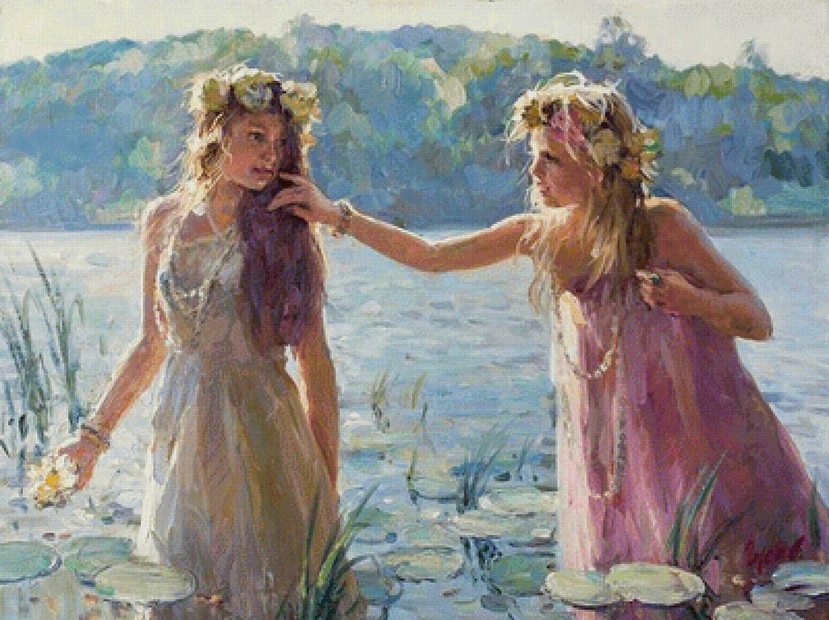 Русалки. Владимир Гусев - река, девушка, портрет, живопись, кувшинки - предпросмотр
