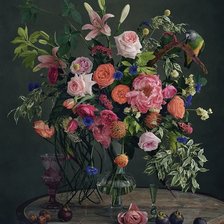 Схема вышивки «Большой букет с попугаем»