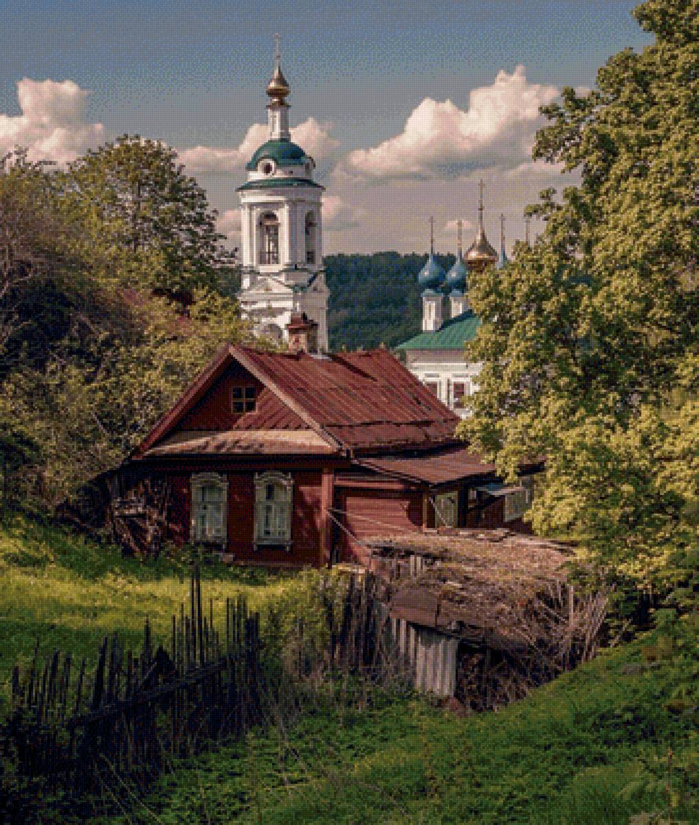 Деревенский пейзаж - домик, пейзаж, церковь, деревня - предпросмотр