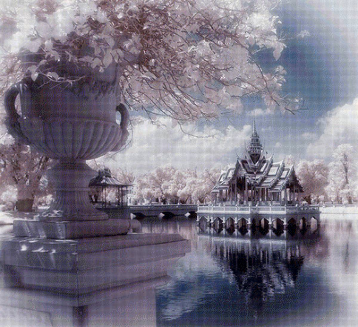 Беседка на пруду - пруд, беседка, восток, сакура - предпросмотр