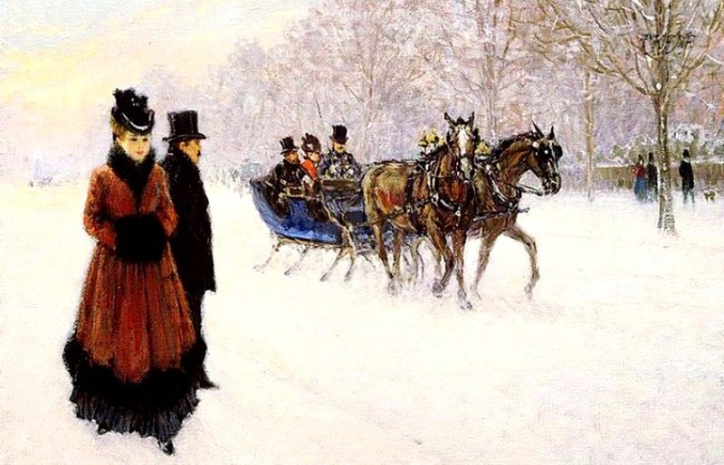 Зимняя прогулка. Алан Мэйли - зима, живопись, 19 век, дама, лошади - оригинал
