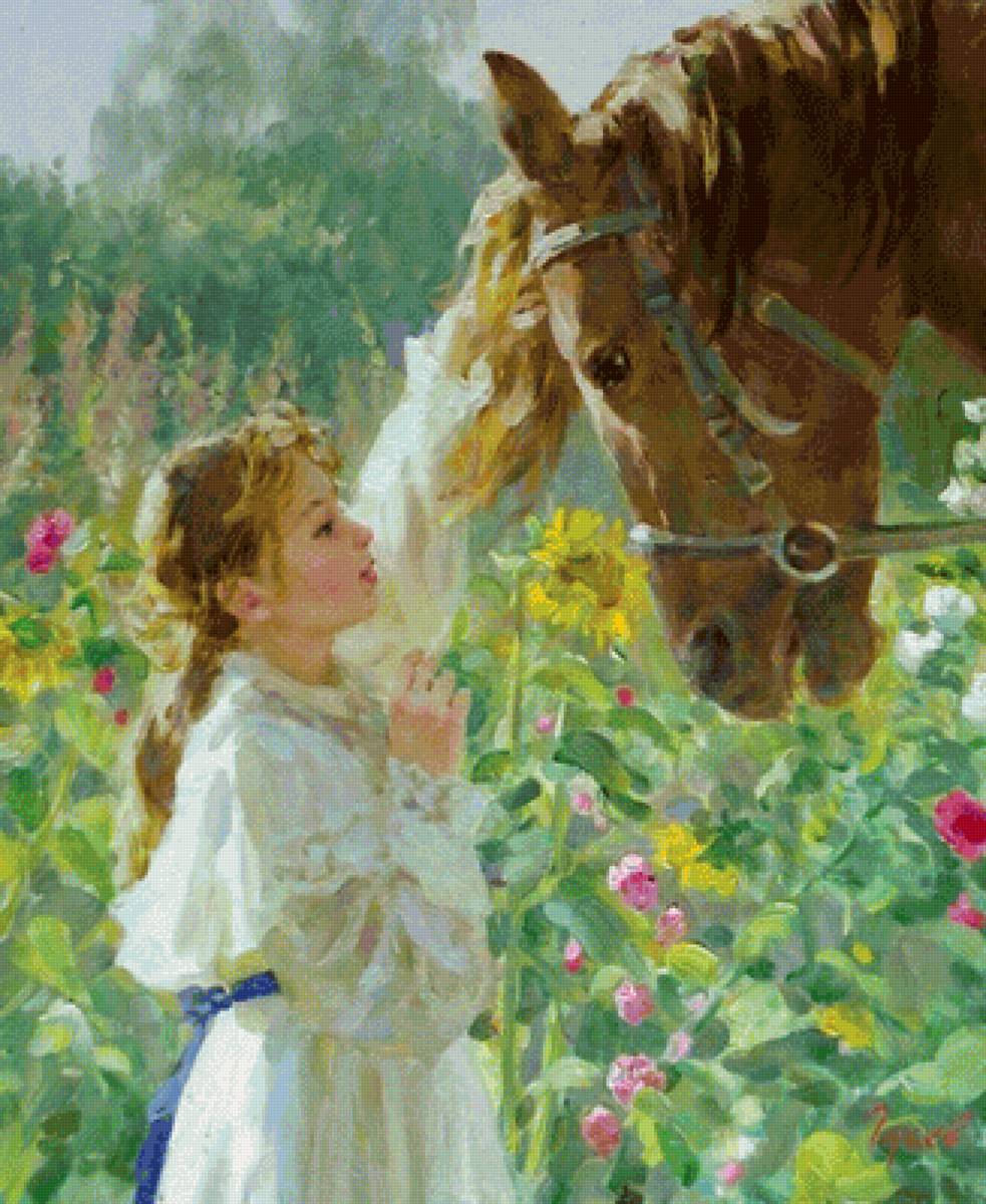 С любимой лошадкой. Владимир Гусев - лето, деревня, лошадь, девочка, живопись - предпросмотр