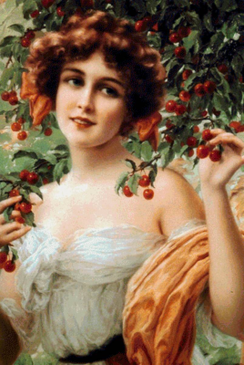 Девушка с вишней. Эмиль Вернон - 19 век, девушка, вишня, живопись, портрет - предпросмотр