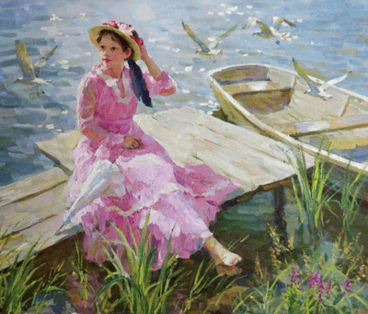 Отдых на причале. Владимир Гусев - лодка, лето, река, живопись, девушка, чайки - предпросмотр