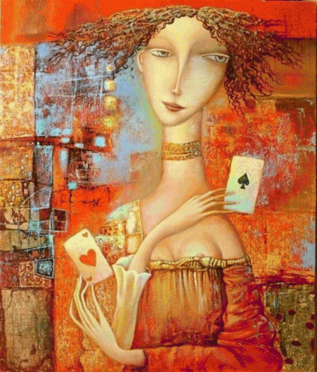 Игра в карты. Александр Сулимов - наив, девушка, живопись - предпросмотр