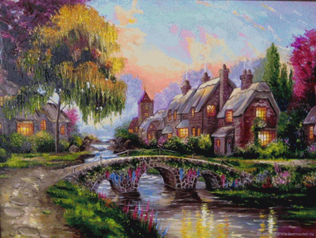 Живописный домик - дом, живопись, природа, мост, река - предпросмотр