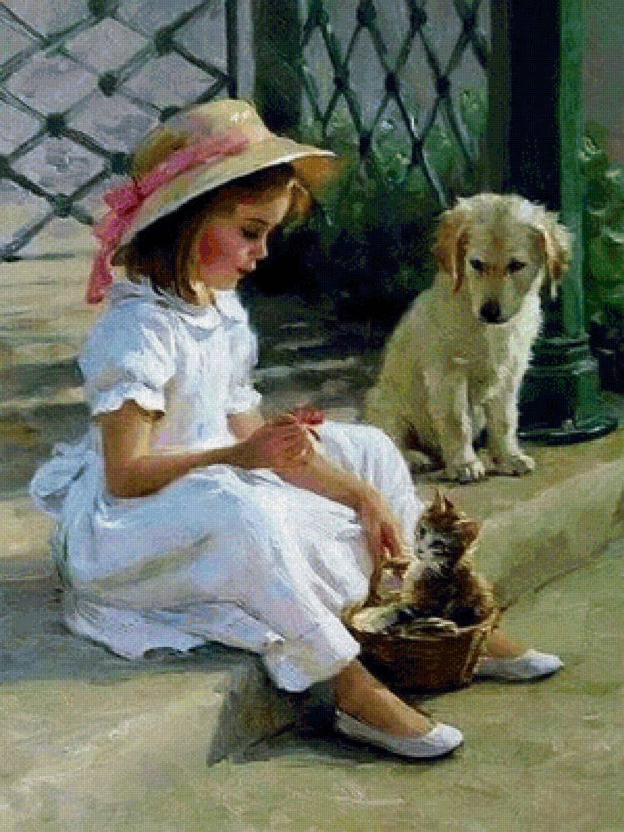 Девочка со щенком и котёнком. Константин Разумов - щенок, девочка, котенок, портрет, живопись - предпросмотр