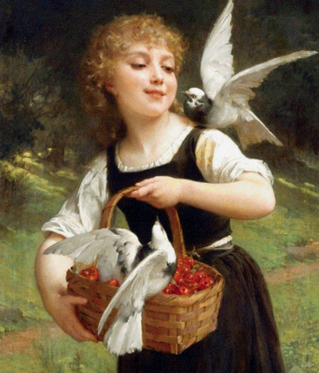 Девушка с голубями. Эмиль Мунье - девушка, портрет, 19 век, птицы, голуби - предпросмотр