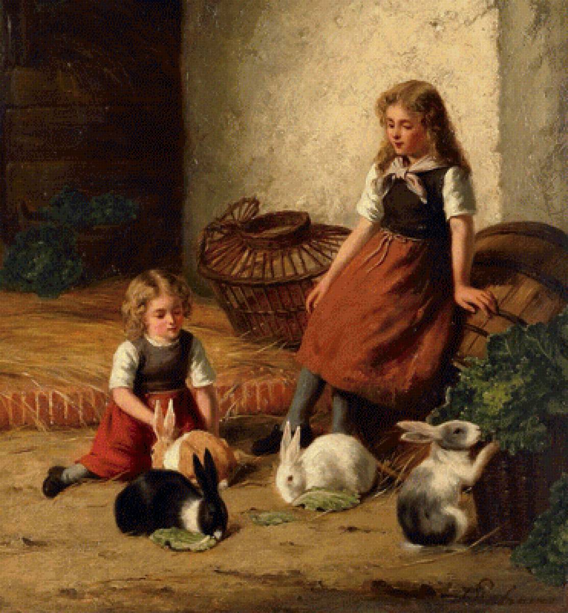 Девочки с кроликами. Jan Walraven - кролик, живопись, 19 век, девочка - предпросмотр