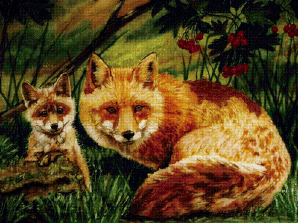 Лиса и лисенок - животные - предпросмотр