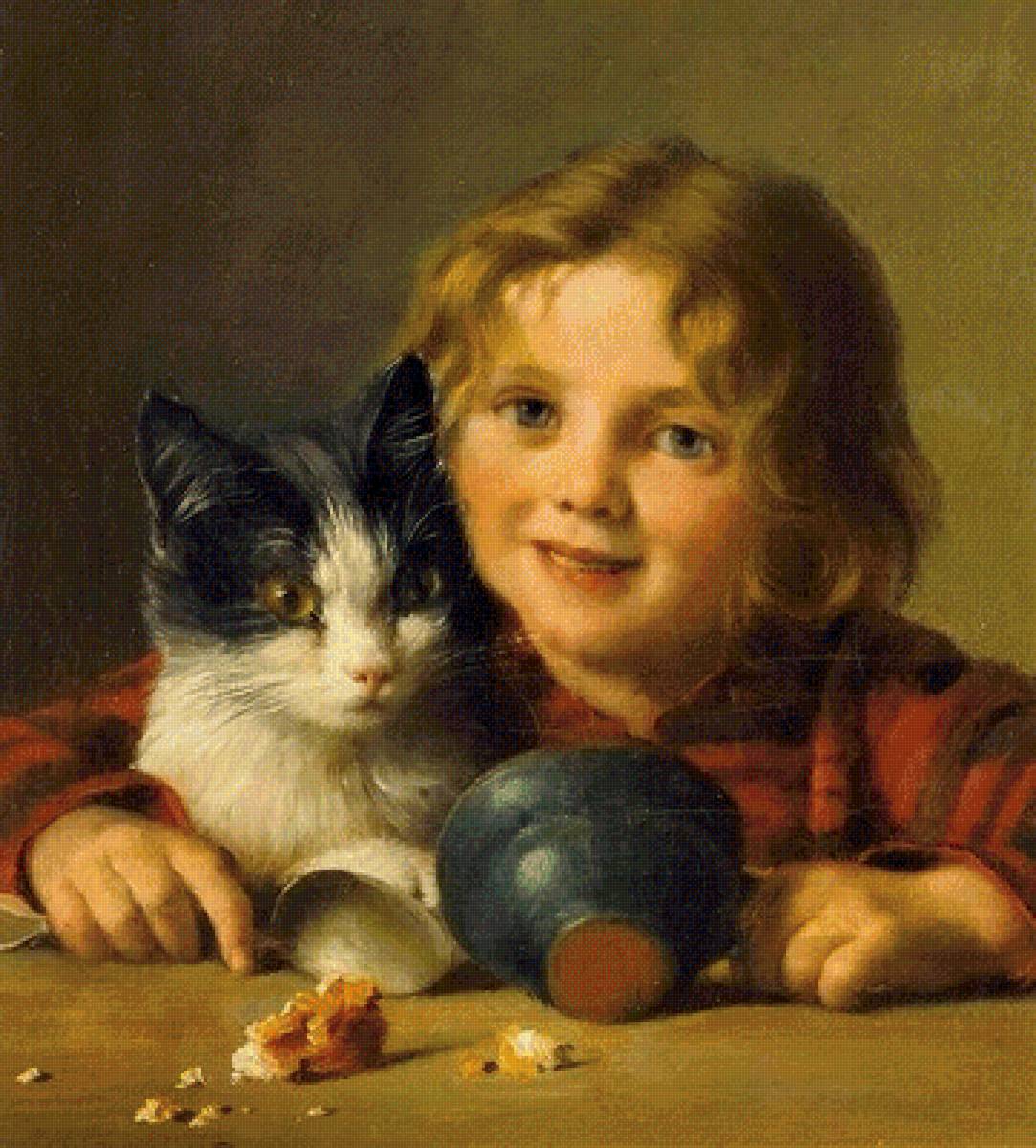 Мальчик с кошкой. Schutze Wilhelm - мальчик, портрет, живопись, дети, кошка, 19 век - предпросмотр