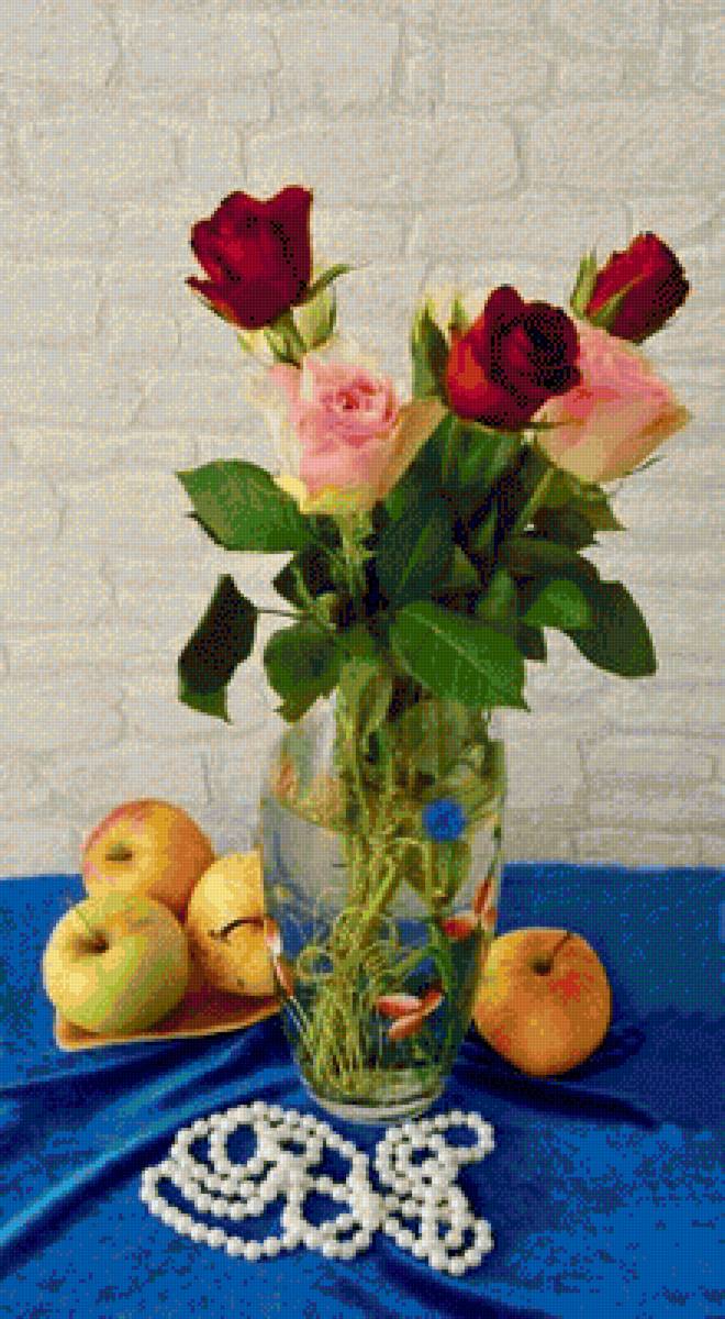 натюрморт - цветы, розы, натюрморт, букет, бусы, стол, яблоки, ваза - предпросмотр