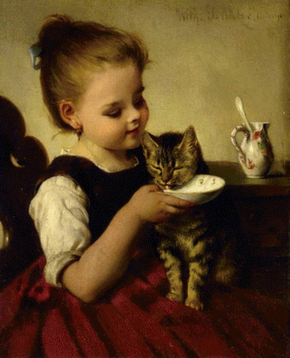 Девочка с кошкой. Schutze Wilhelm - портрет, девочка, 19 век, кошка, живопись - предпросмотр