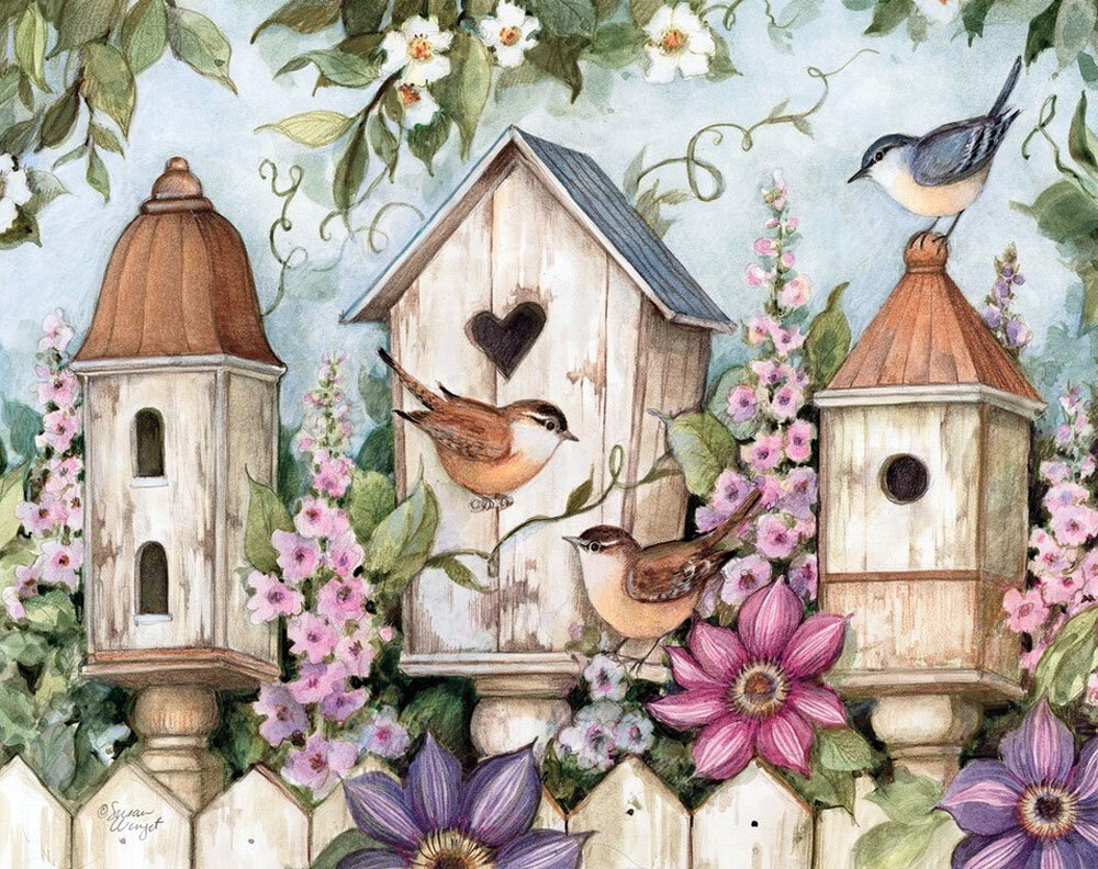 скворечники - деревня, весна, забор, скворечник, птицы - оригинал