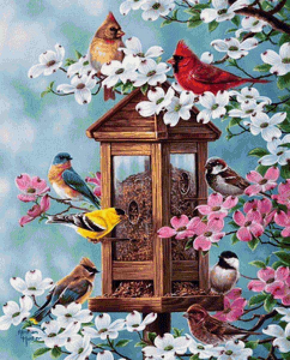 птички на ветке - птички, скворечник, весна - предпросмотр