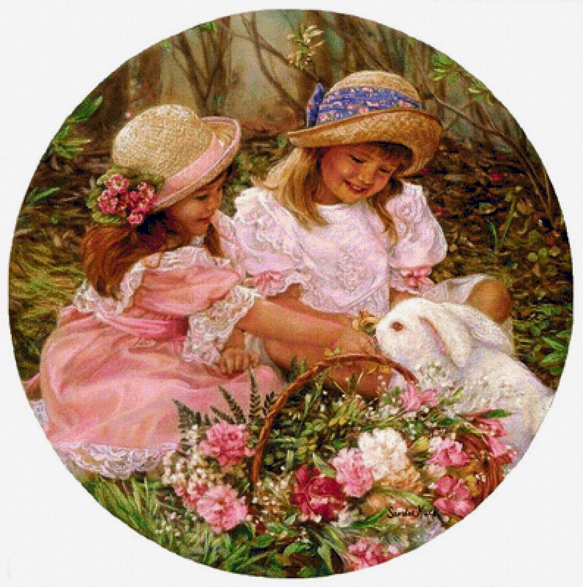 Девочки и кролик. Сандра Кук - живопись, кролик, портрет, девочки - предпросмотр