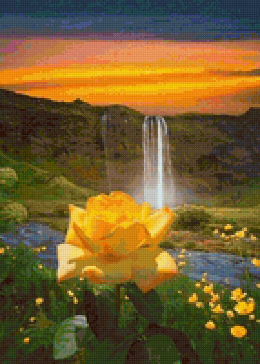 ūdenskritums ar rozi - dabasskati ūdenskritums saulriets kalni roze ziedi - предпросмотр