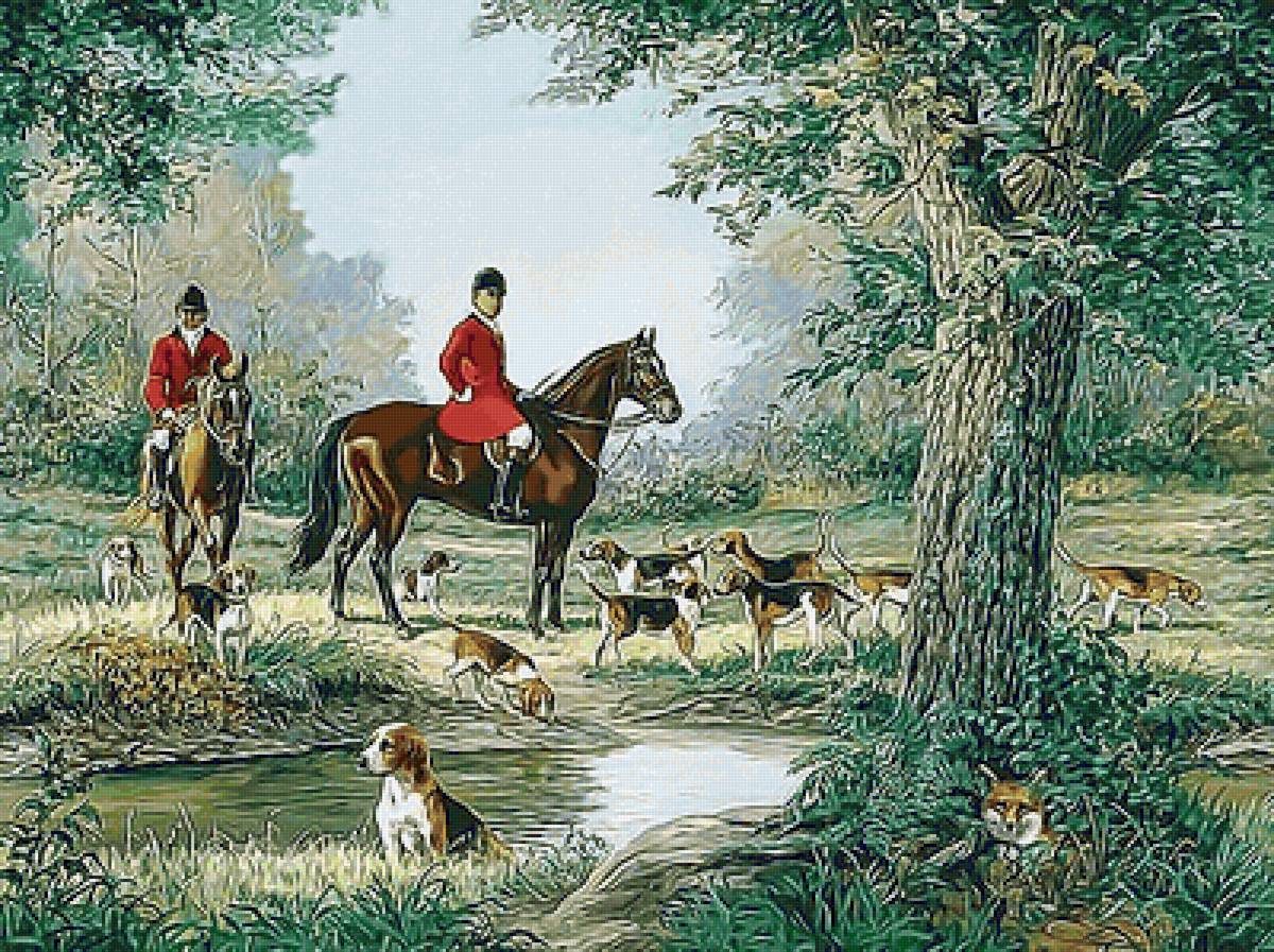 Охота - лошади, собачки, ручей, охота, лес, всадники - предпросмотр