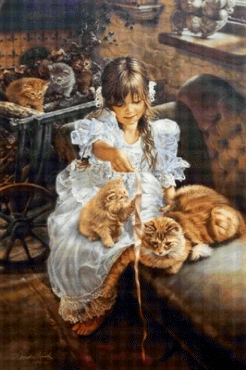 Игра с котятами. Сандра Кук - девочка, живопись, портрет, котенок - предпросмотр