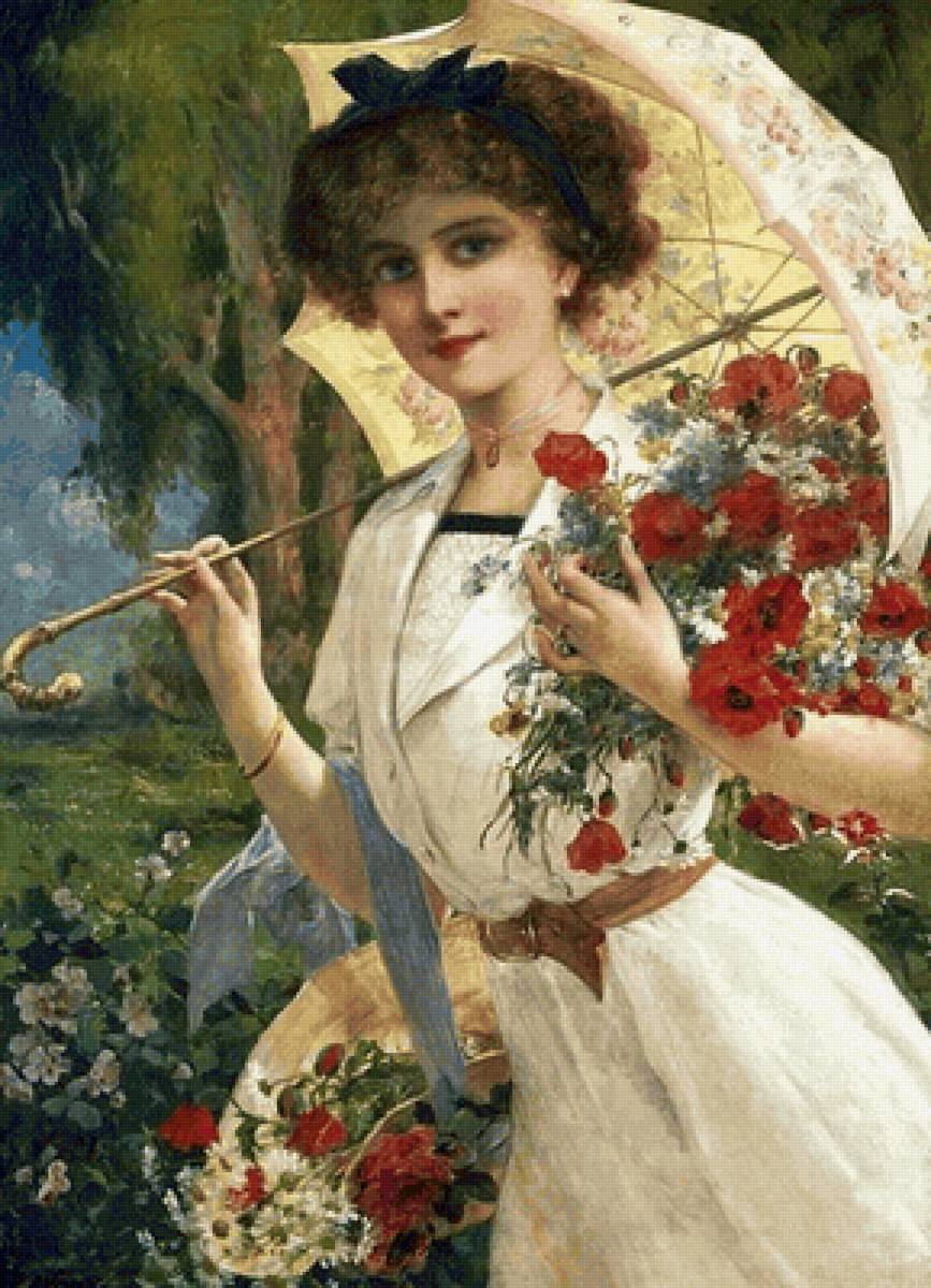 Девушка с зонтиком. Эмиль Вернон - 19 век, живопись, девушка, портрет - предпросмотр