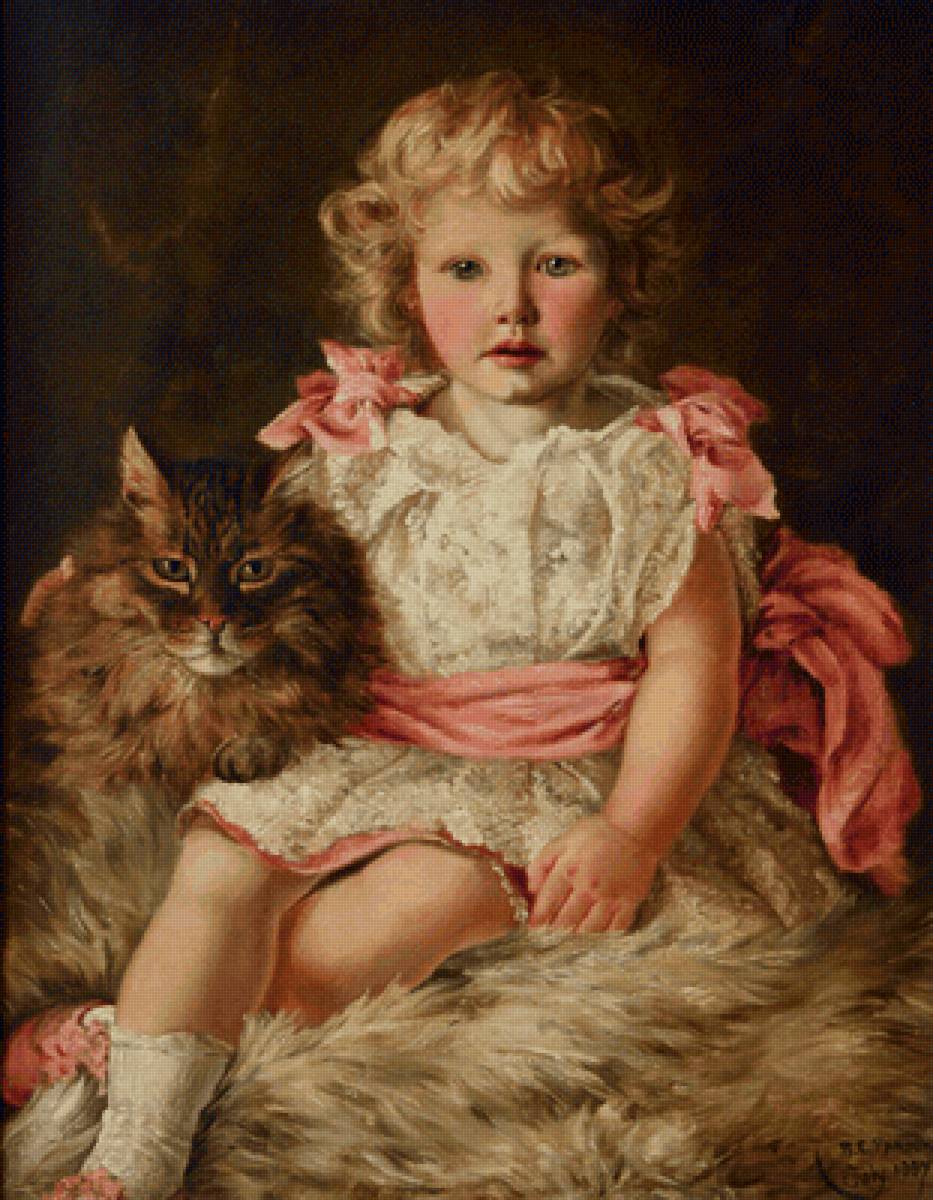 Джули. Beatrice Emma Parsons - 19 век, девочка, портрет, живопись, кот - предпросмотр