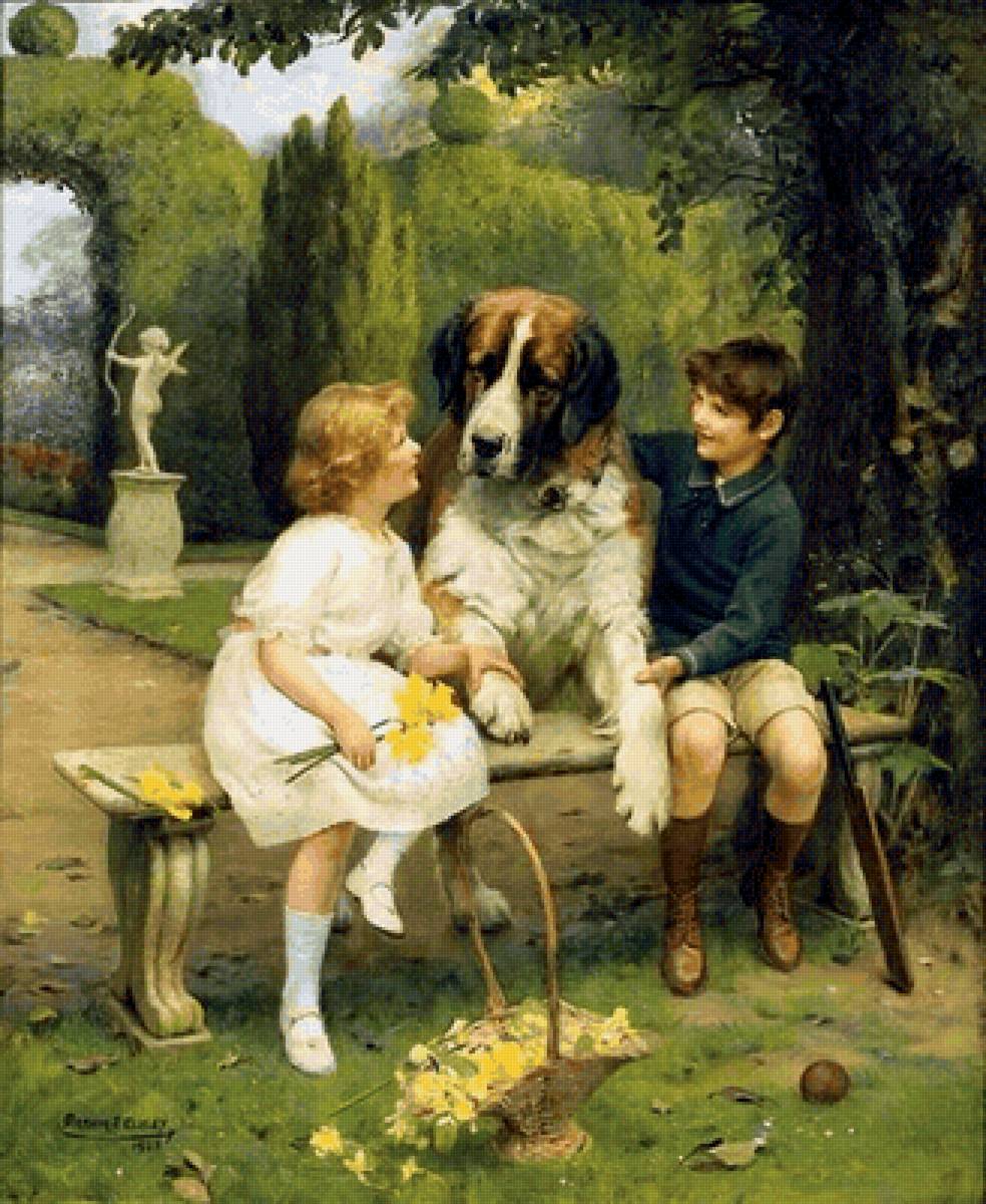 Лучшие друзья. Артур Джон Элсли - 19 век, дети, мальчик, живопись, собака, девочка - предпросмотр