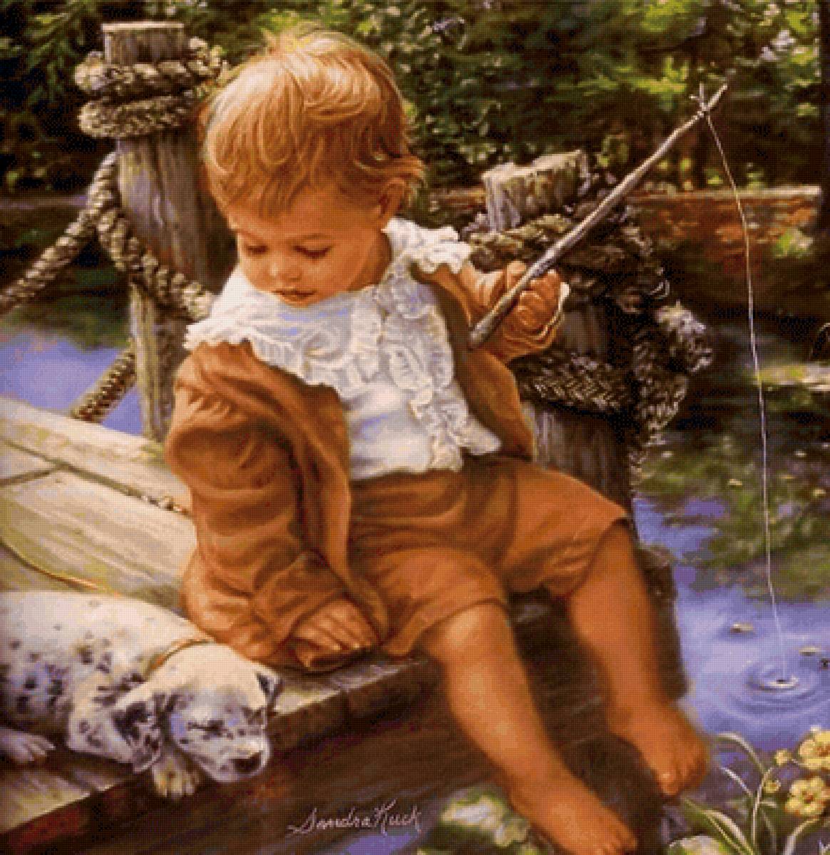 На рыбалке. Сандра Кук - собака, дети, мальчик, живопись - предпросмотр