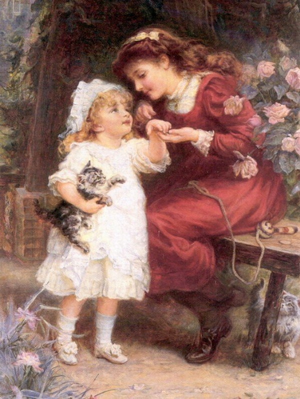 В саду. Фредерик Морган - живопись, котенок, 19 век, девочка - оригинал