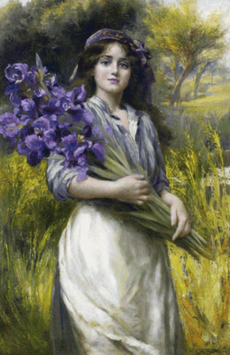 Девушка с букетом ирисов. Эмиль Вернон - 19 век, девушка, цветы, живопись, портрет - предпросмотр