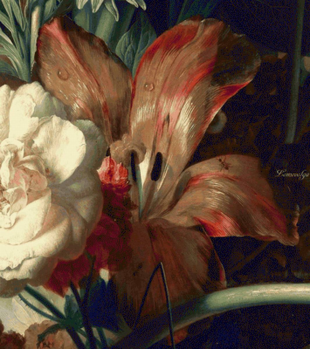 ЯН ВАН ХЕЙСУМ.БУКЕТ ЦВЕТОВ В ТЕРРАКОТОВОЙ ВАЗЕ С ГНЕЗДОМ-5 - триптих, парные картины, диптих - предпросмотр