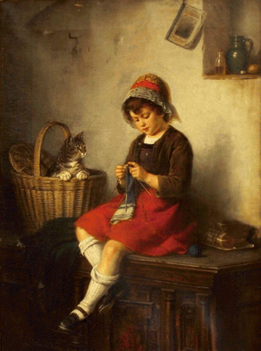 За вязанием. Рудольф Эпп - девочка, портрет, кошка, живопись, 19 век - предпросмотр