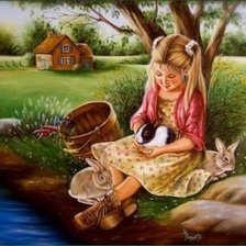 Схема вышивки «девочка с кроликами»