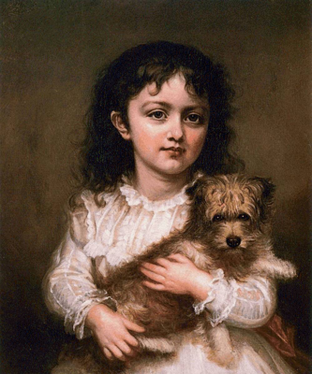 Девочка с собачкой. Seymour Joseph Guy - живопись, собака, девочка, портрет, 19 век - предпросмотр