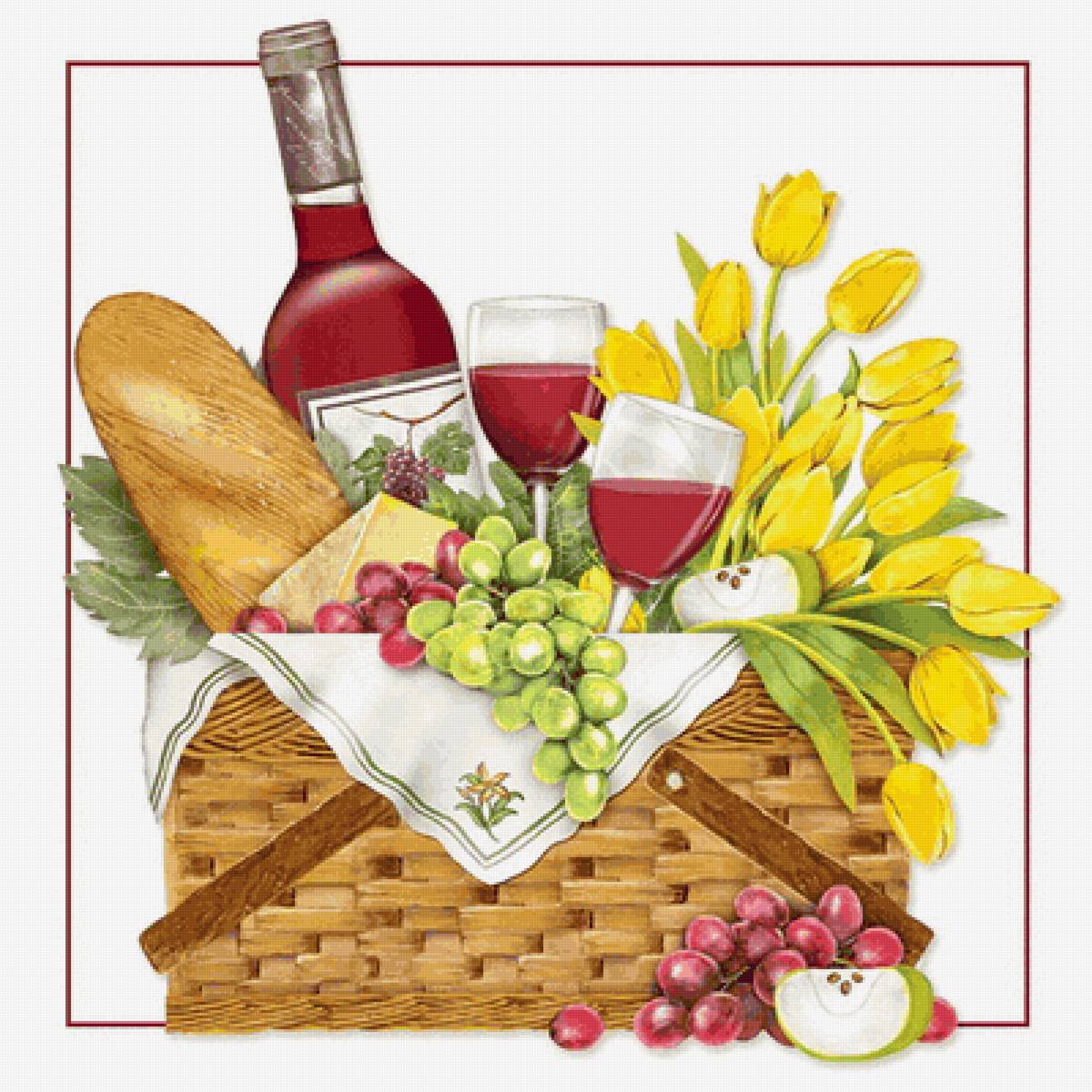 На пикник - корзина, фрукты, вино - предпросмотр