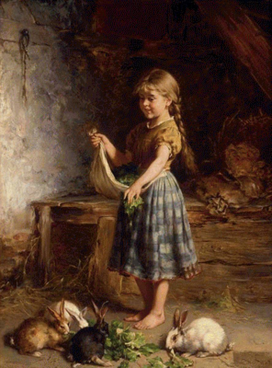 Кормление кроликов. Heinrich Hirt - кролик, живопись, девочка, 19 век - предпросмотр