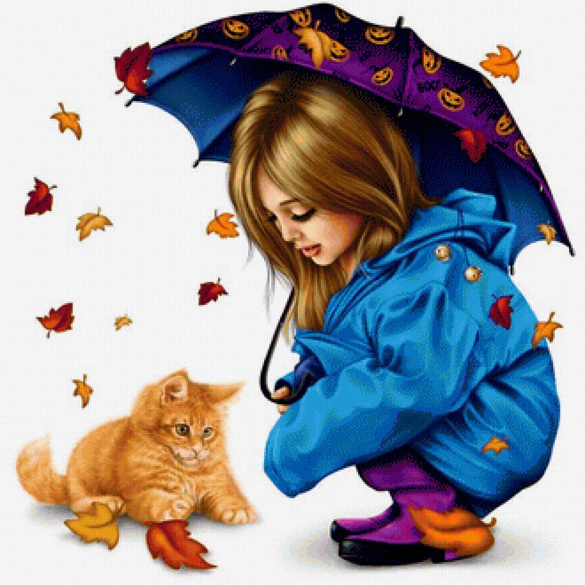 девочка с котенком - дети, зонт, осень, кошка - предпросмотр