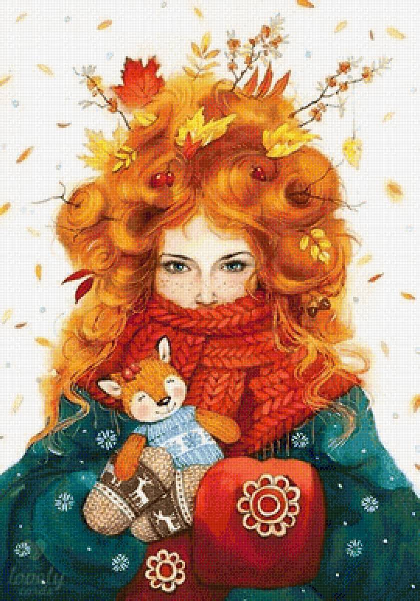 девушка - осень, букет, листья - предпросмотр