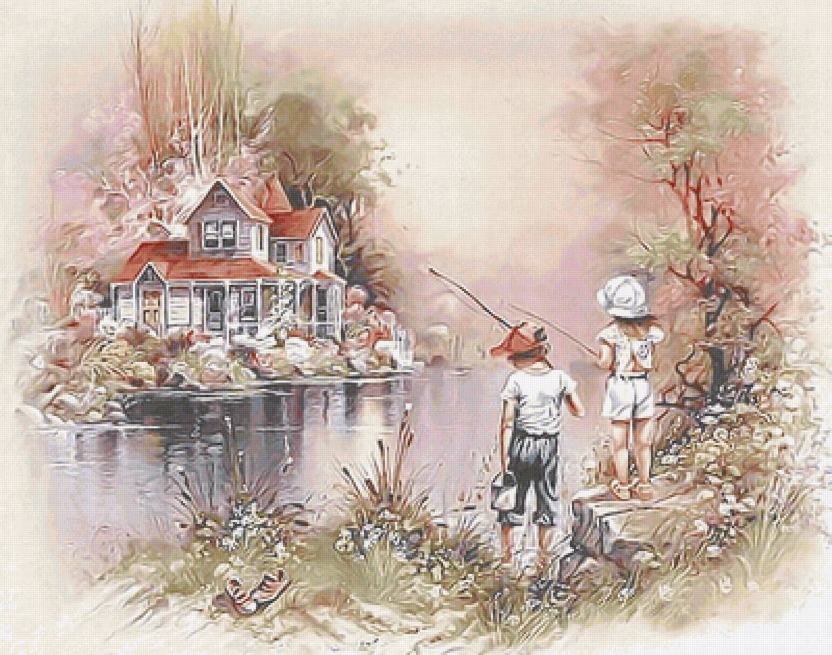 №2121135 - рыбалка, домик, дети, река - предпросмотр