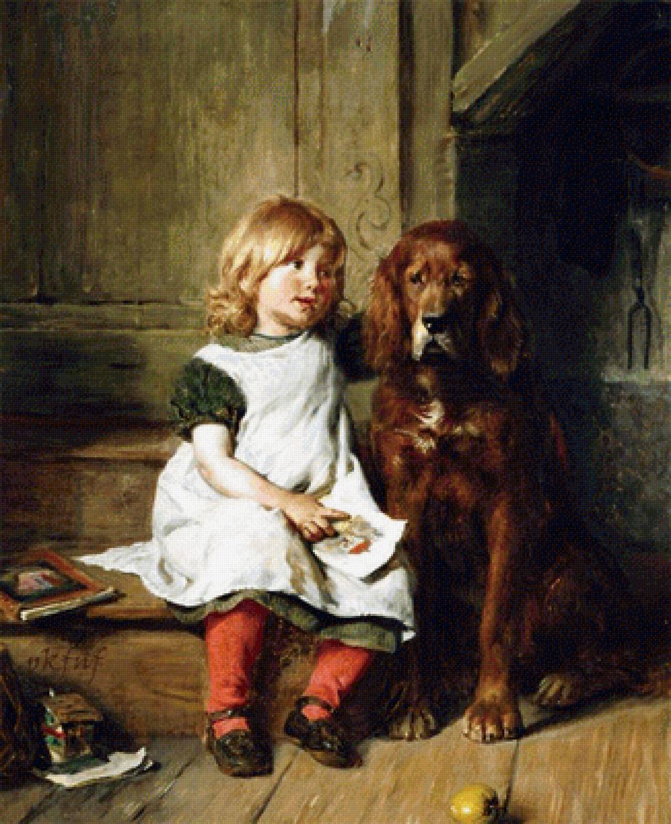 Девочка с собакой. Феликс Шлезингер - портрет, девочка, живопись, 19 век, собака - предпросмотр