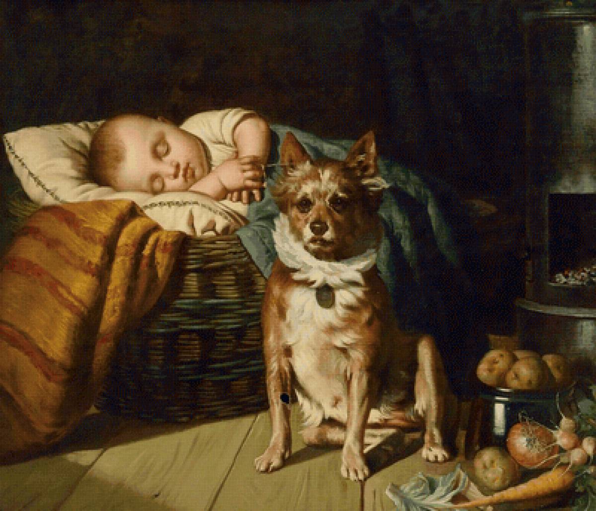 Спокойный сон. Феликс Шлезингер - собака, живопись, мальчик, дети, 19 век - предпросмотр