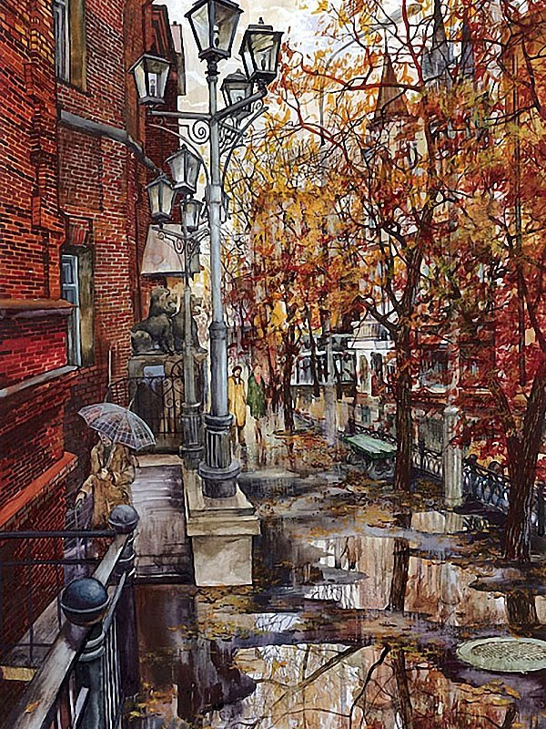 улица города - лужи, город, осень, дождь - оригинал