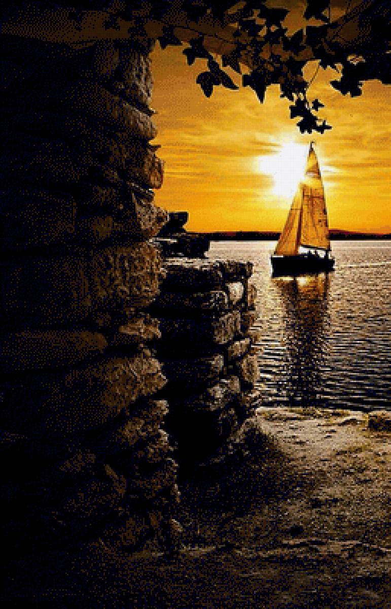 На закате - яхта, закат, море - предпросмотр