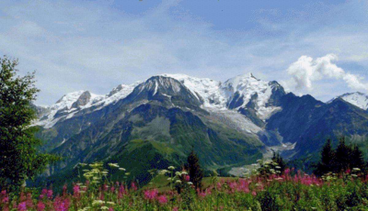 Горный пейзаж - природа, горы, цветы, пейзаж - предпросмотр