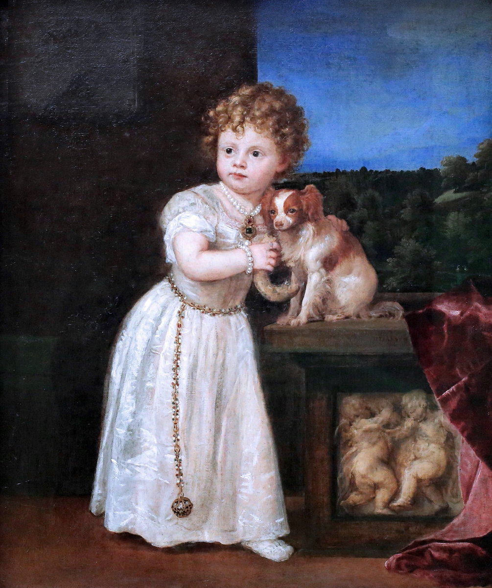 Тициан Вечеллио. Портрет Клариссы Строцци - живопись, девочка, собака, портрет, 16 век - оригинал