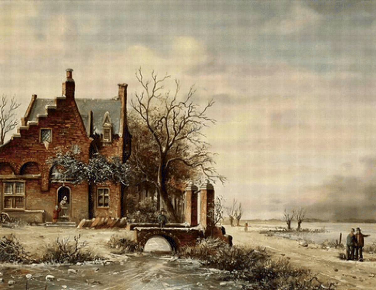 Шарль Лейкерт. Зимний пейзаж - дом, натюрморт, зима, река - предпросмотр