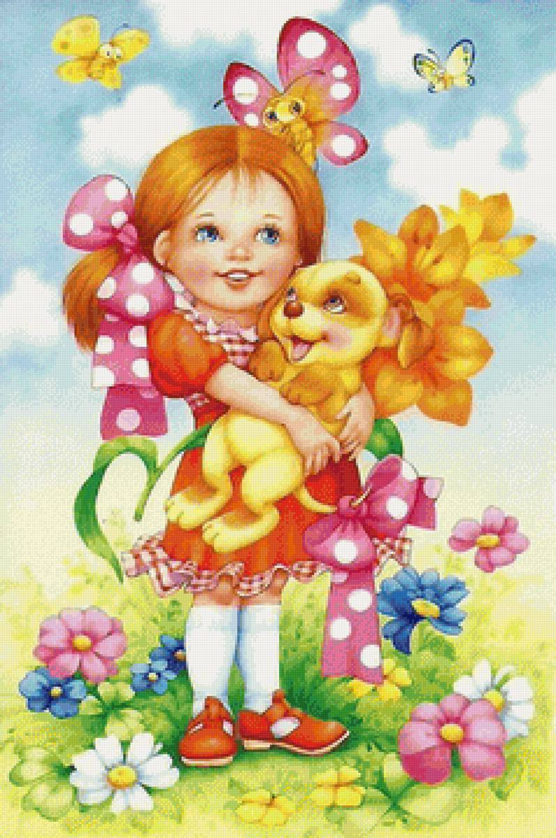 Счастье - бабочки, детство, щенок, девочка, улыбка - предпросмотр