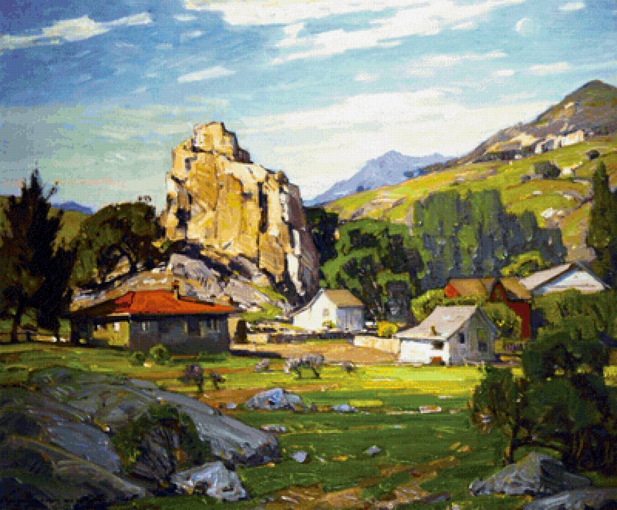 Деревня в горах. William Wendt - горы, лес, живопись, пейзаж, домики - предпросмотр