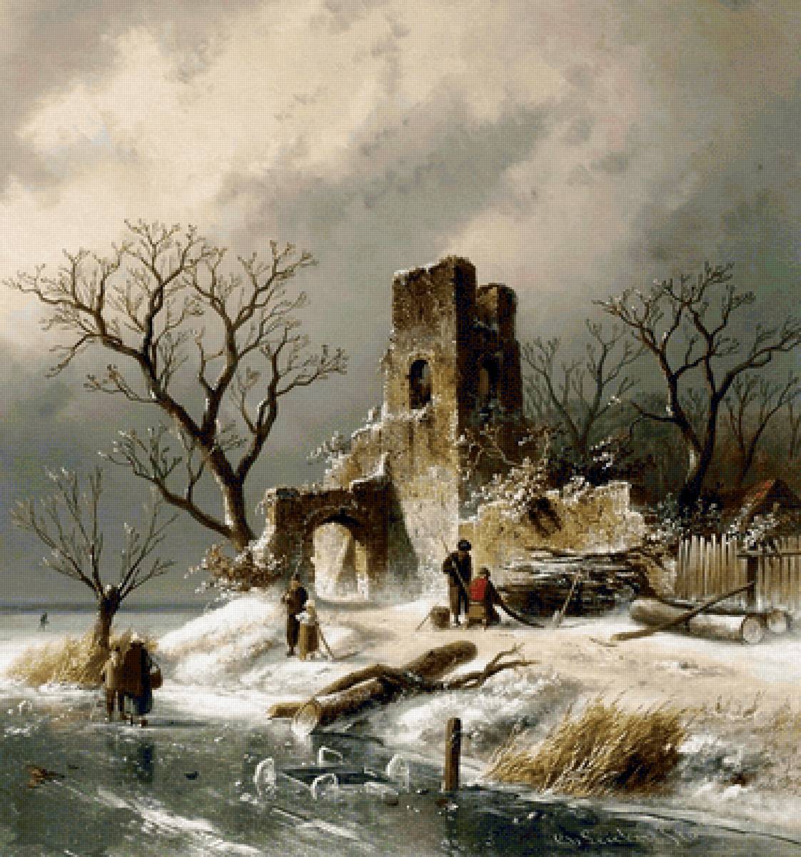 Шарль Анри Жозеф Лейкерт. Голландский пейзаж - зима, дом, голландский пейзаж, город, живопись - предпросмотр