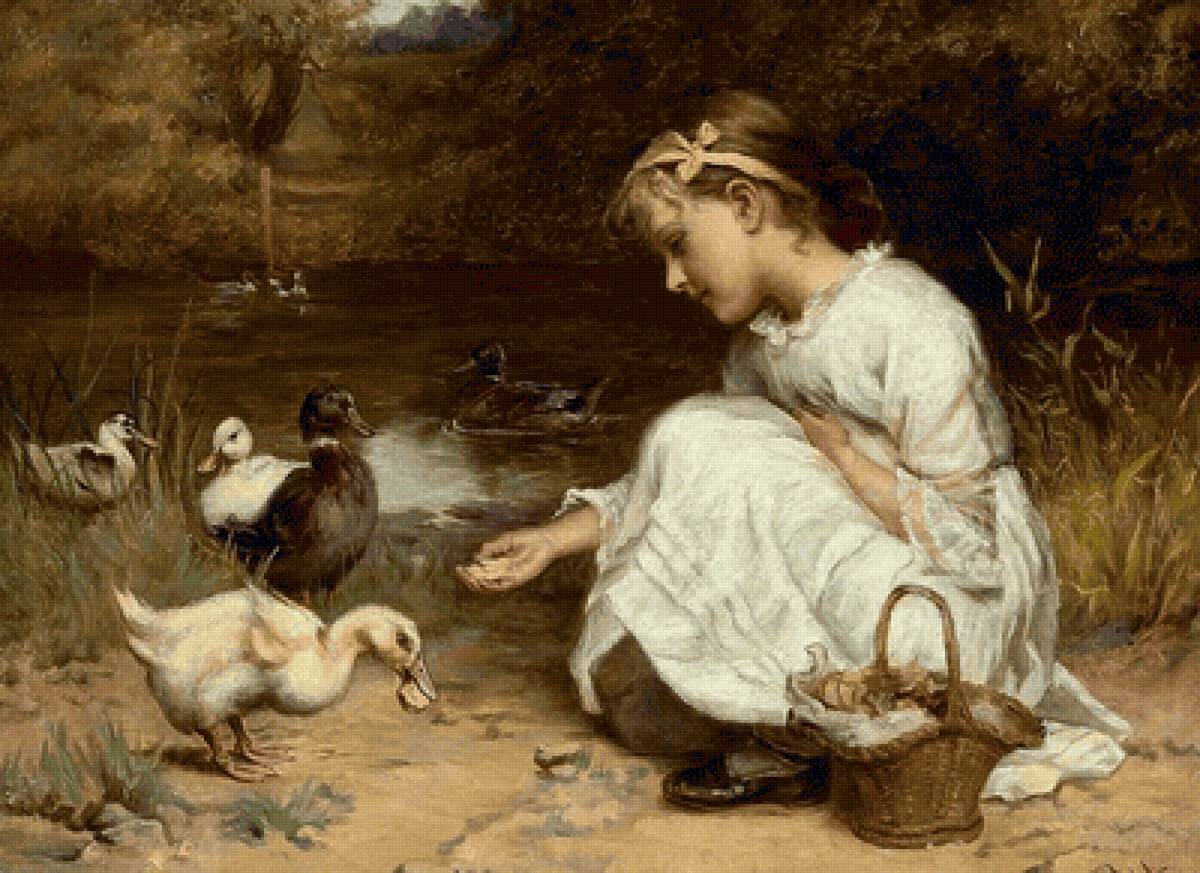 Фредерик Морган. Кормление уток - живопись, девочка, пруд, утка - предпросмотр