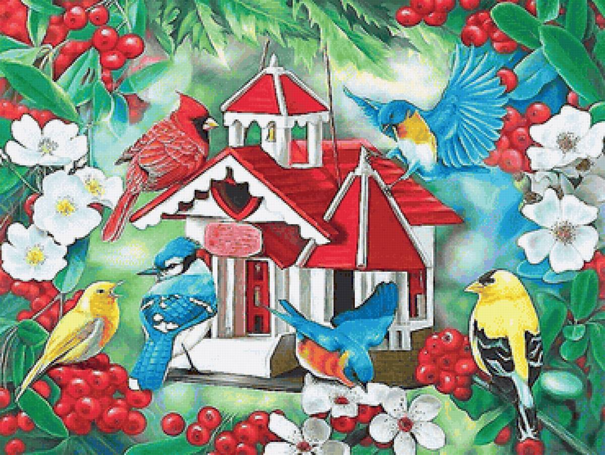 птичий домик - птички, цветы, ягоды, домик - предпросмотр